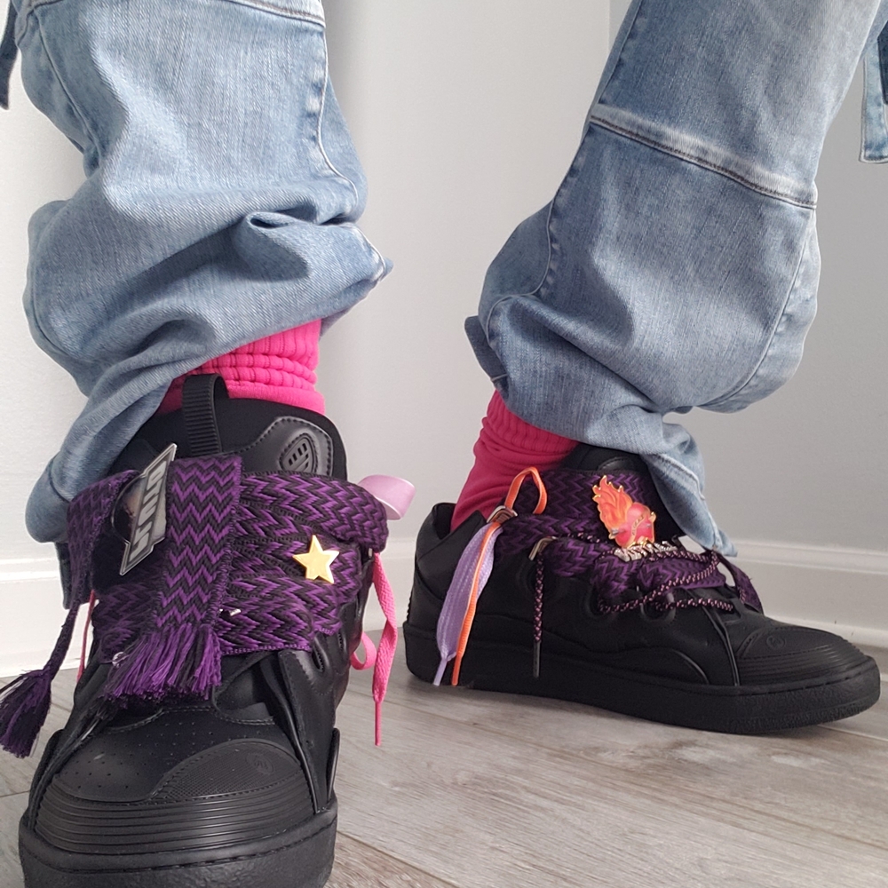 Black Sneakers with Purple Accents and Pink Details
